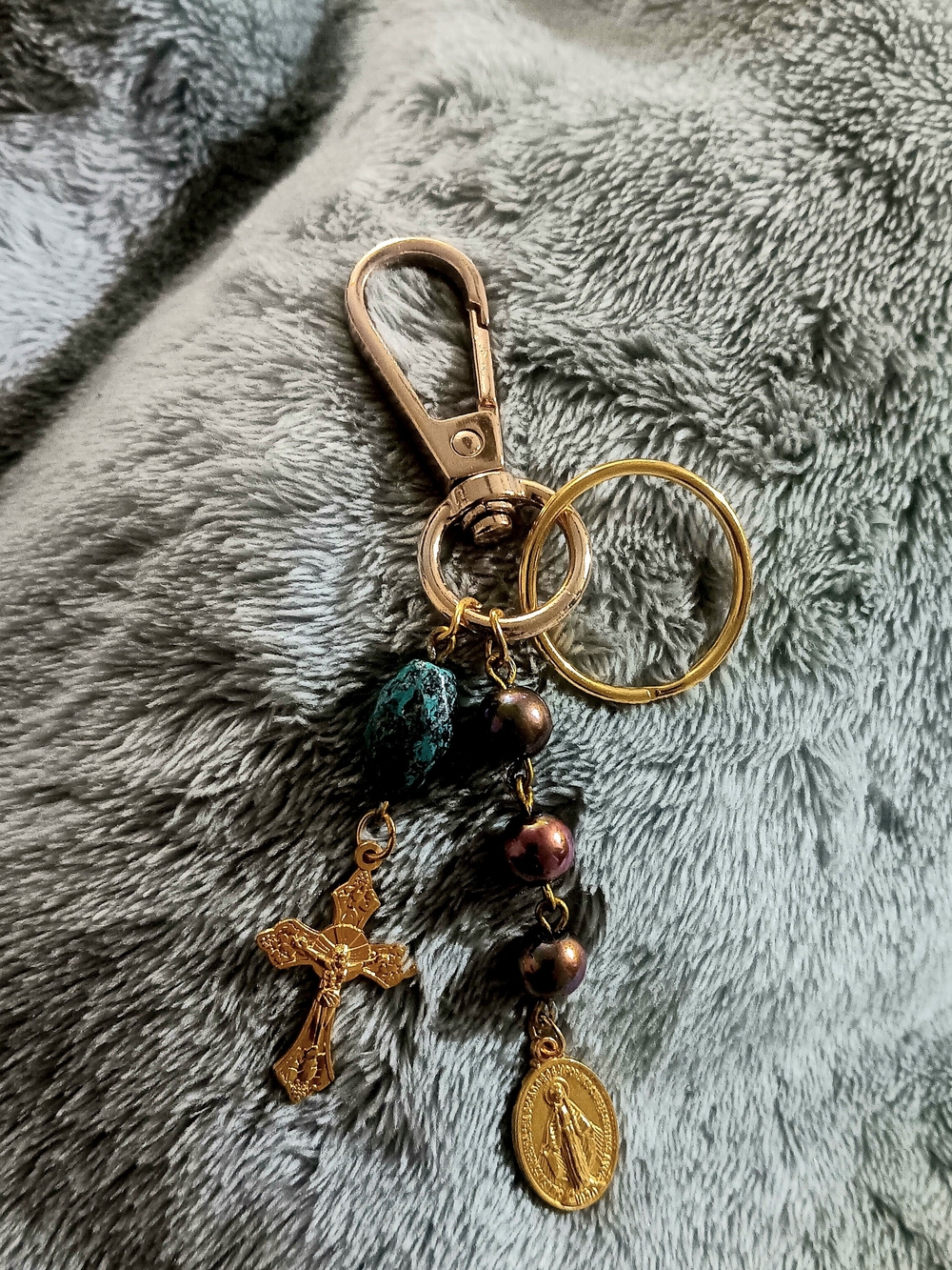 Gold-Tone Religious Cross & Medal Keychain with Bead Accents - Teal/Black